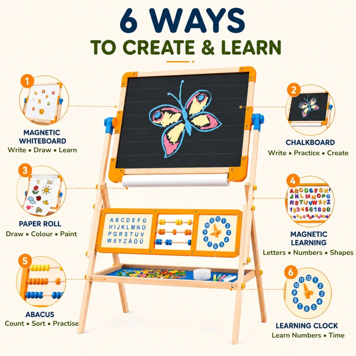 6-in-1 Wooden Tabletop Easel for Kids | Magnetic Whiteboard, Chalkboard, Paper Roll, Abacus & Learning Clock