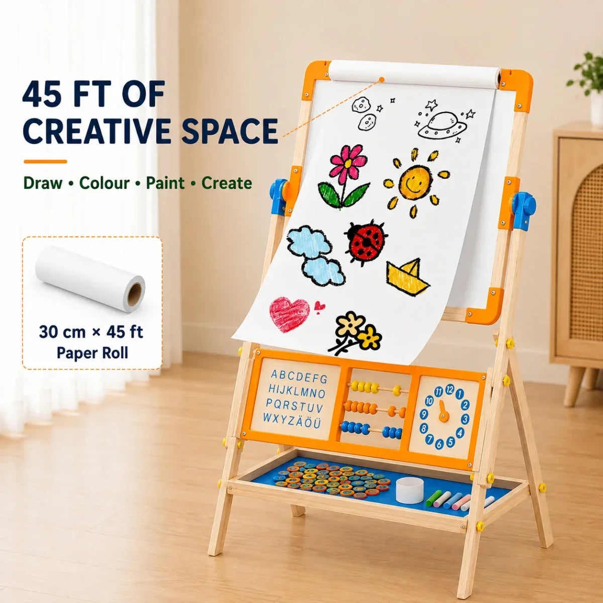 6-in-1 Wooden Tabletop Easel for Kids | Magnetic Whiteboard, Chalkboard, Paper Roll, Abacus & Learning Clock