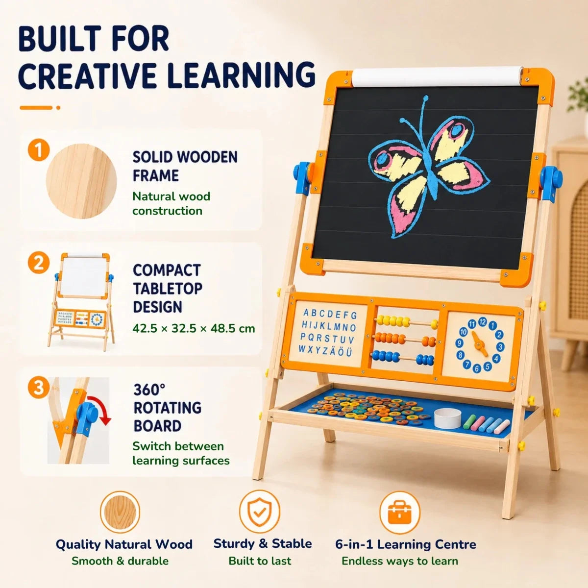 6-in-1 Wooden Tabletop Easel for Kids | Magnetic Whiteboard, Chalkboard, Paper Roll, Abacus & Learning Clock