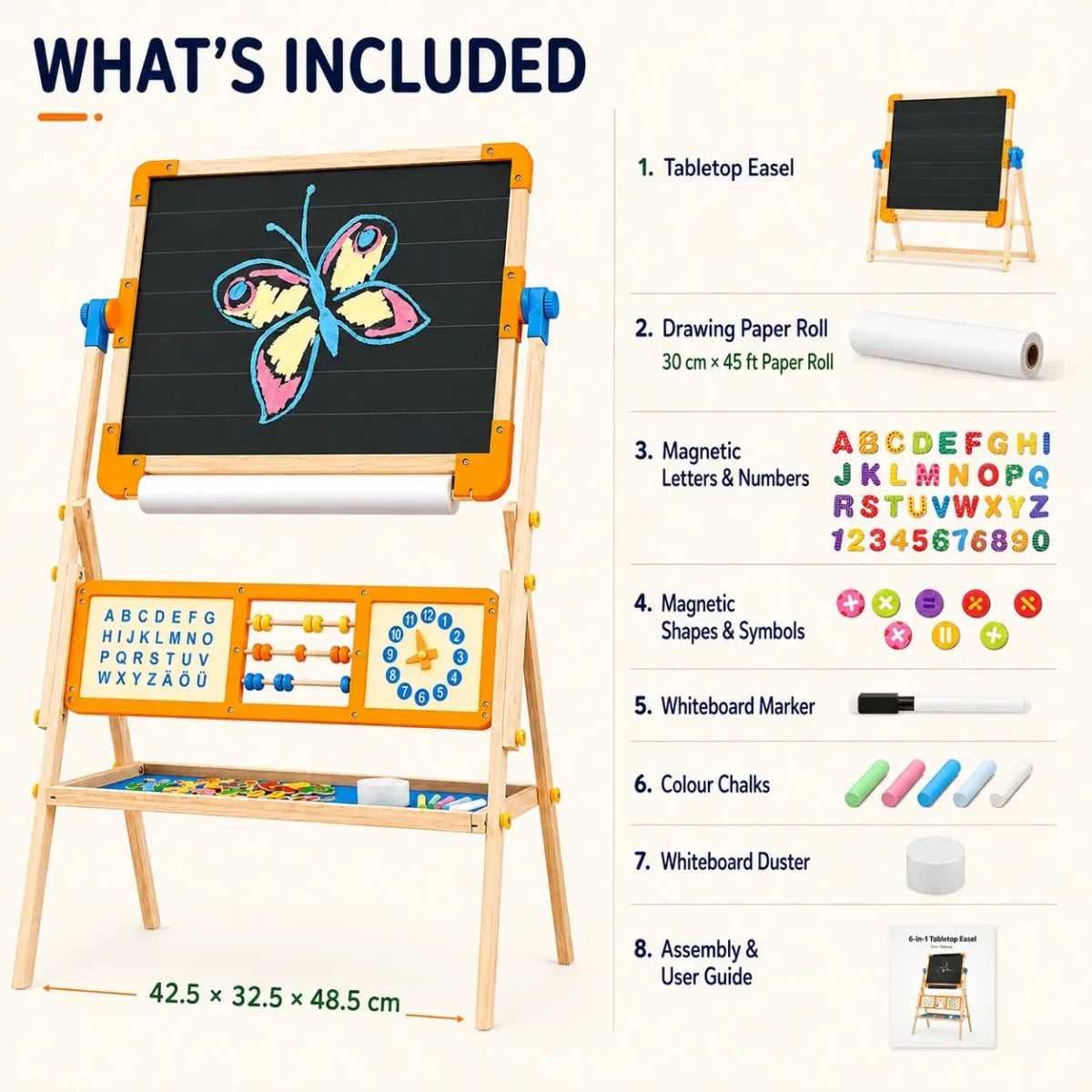 6-in-1 Wooden Tabletop Easel for Kids | Magnetic Whiteboard, Chalkboard, Paper Roll, Abacus & Learning Clock