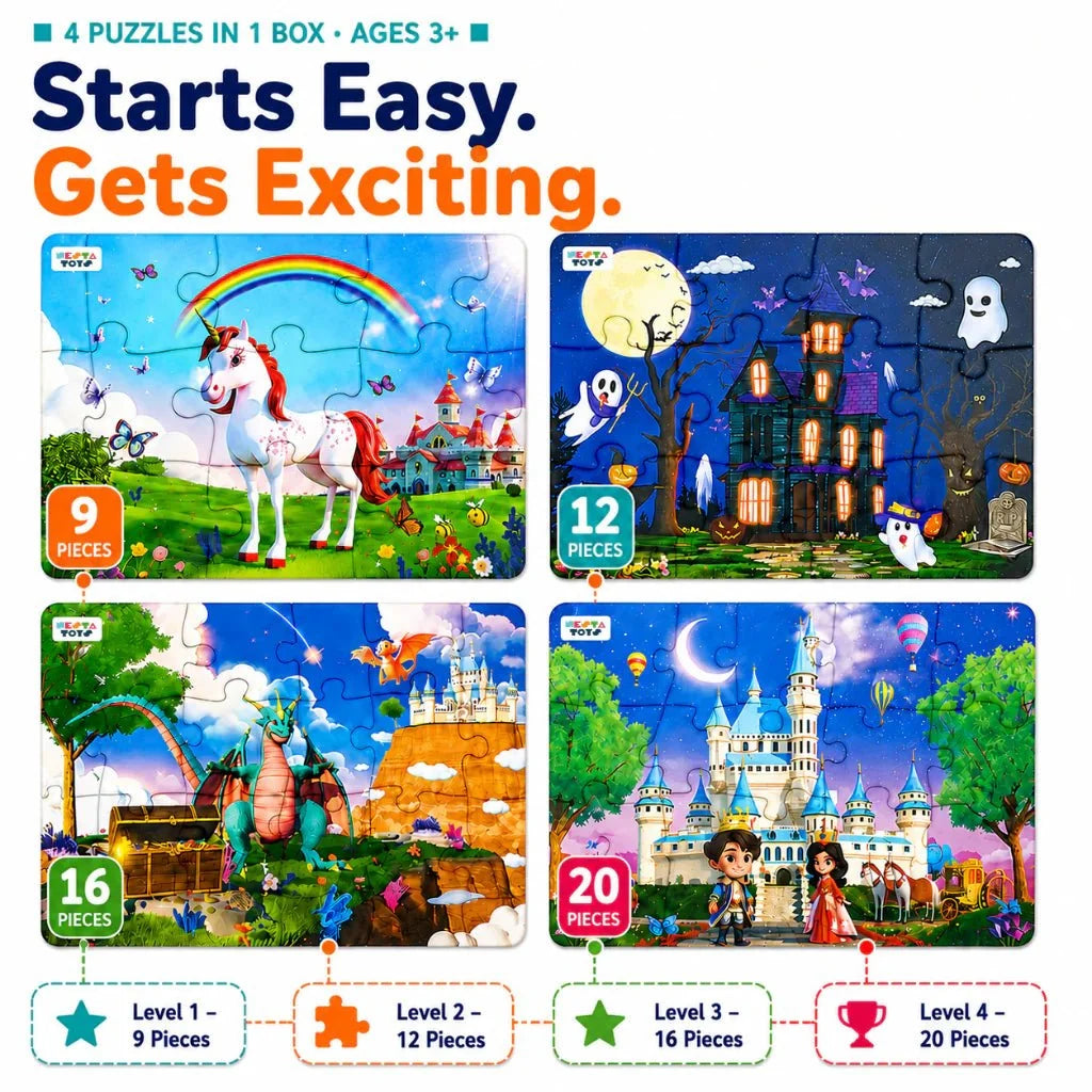 Enchantia - 4 in 1 Level Up & Learn Jigsaw Puzzle (9 Pcs - 20 Pcs) - Free Gift