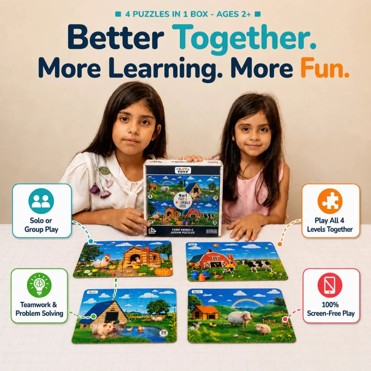 Farm Animals - 4 in 1 Level Up & Learn Jigsaw Puzzle (9 Pcs - 20 Pcs)