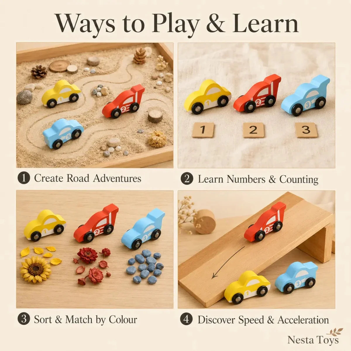 Wooden Car (3 Pcs) - Sky Blue, Yellow, Red