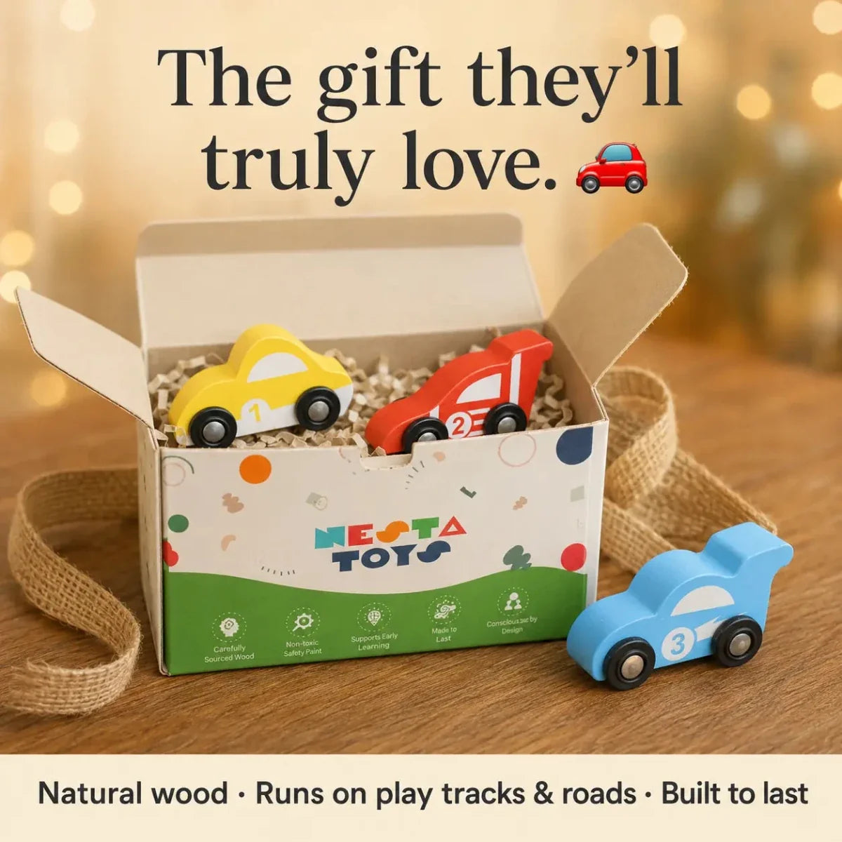 Wooden Car (3 Pcs) - Sky Blue, Yellow, Red