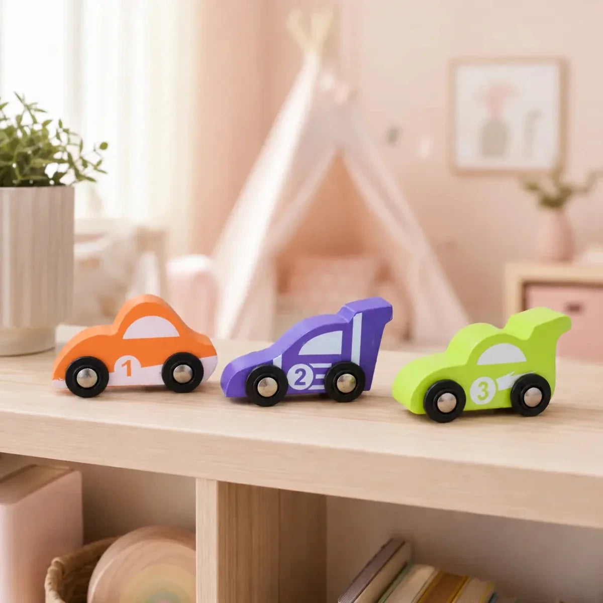 Wooden Car (3 Pcs) - Green, Orange, Purple