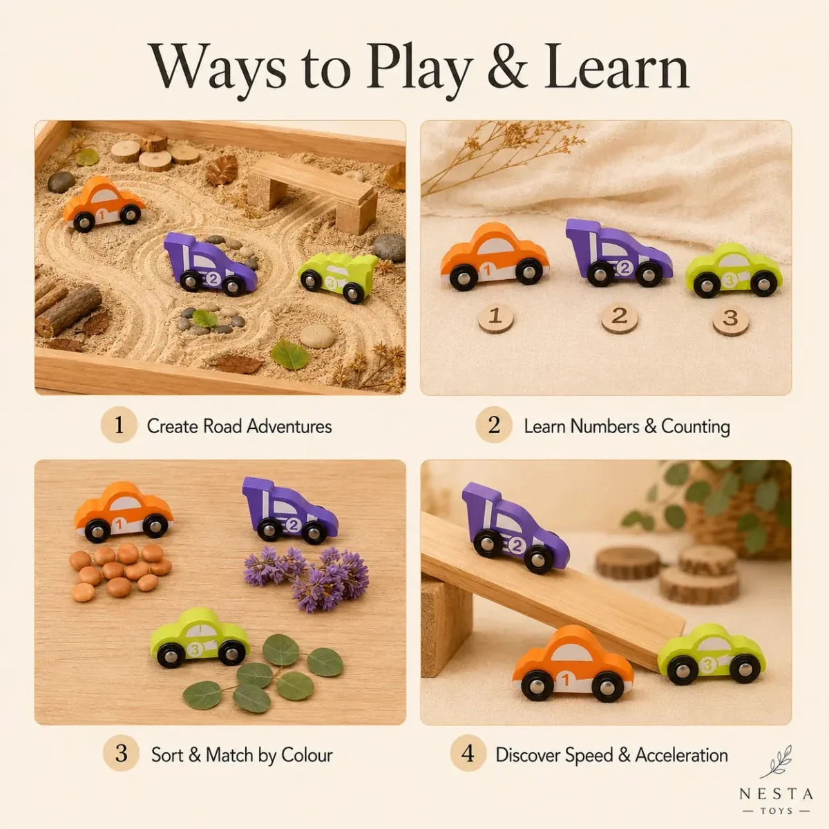 Wooden Car (3 Pcs) - Green, Orange, Purple