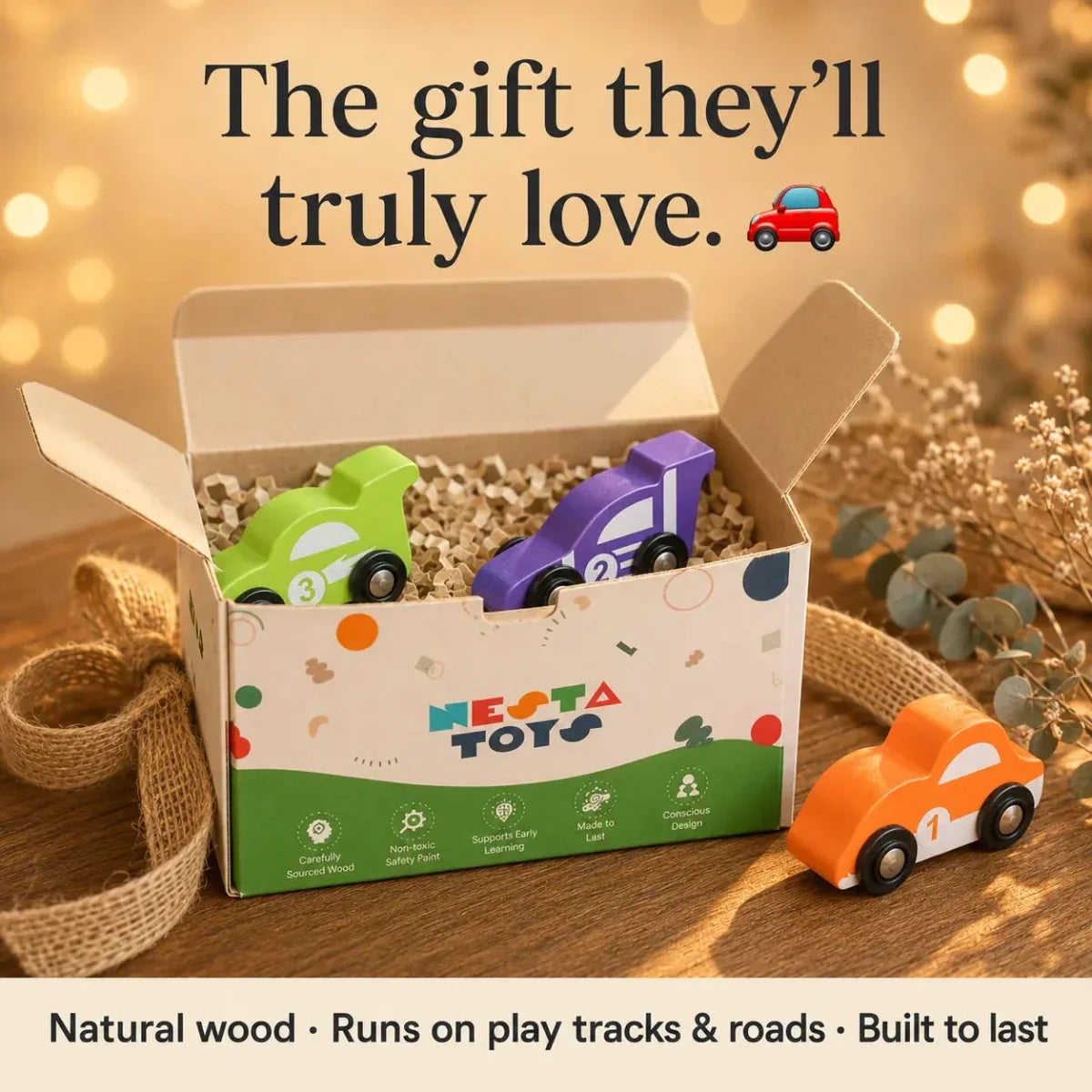 Wooden Car (3 Pcs) - Green, Orange, Purple