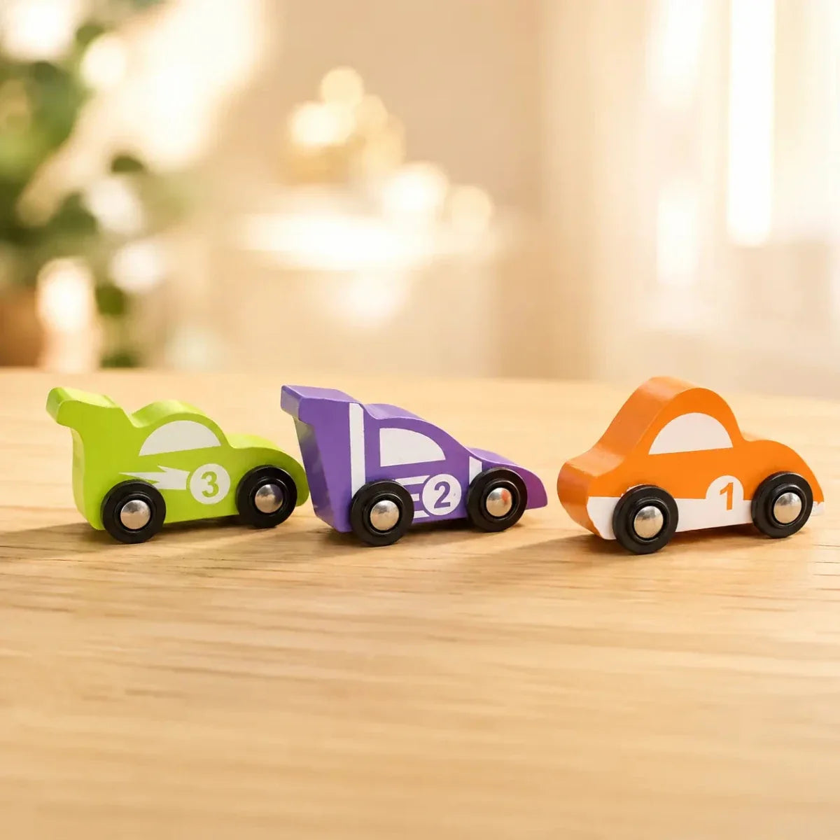 Wooden Car (3 Pcs) - Green, Orange, Purple