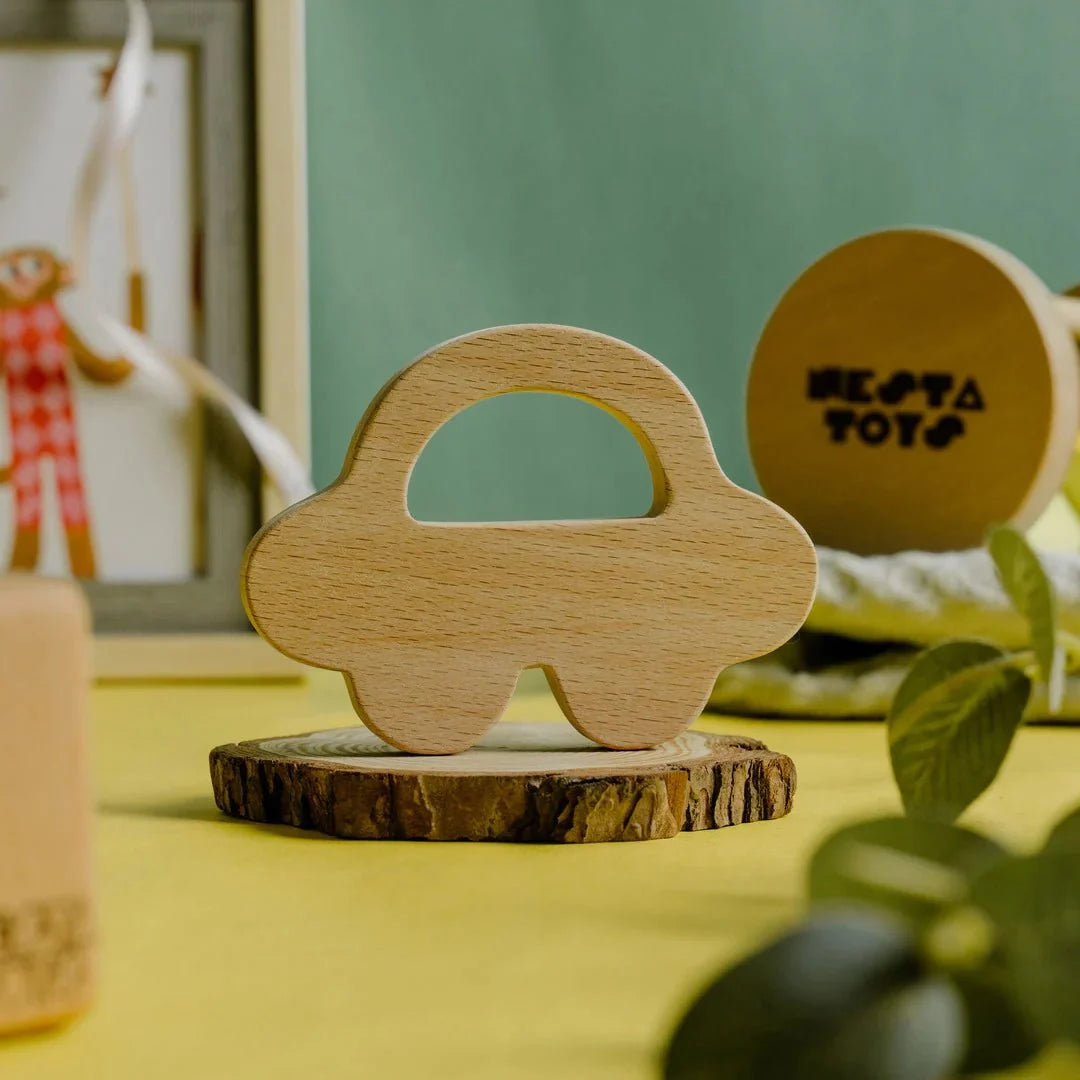 Wooden Car & Elephant Teether Set | Beech Wood Teether