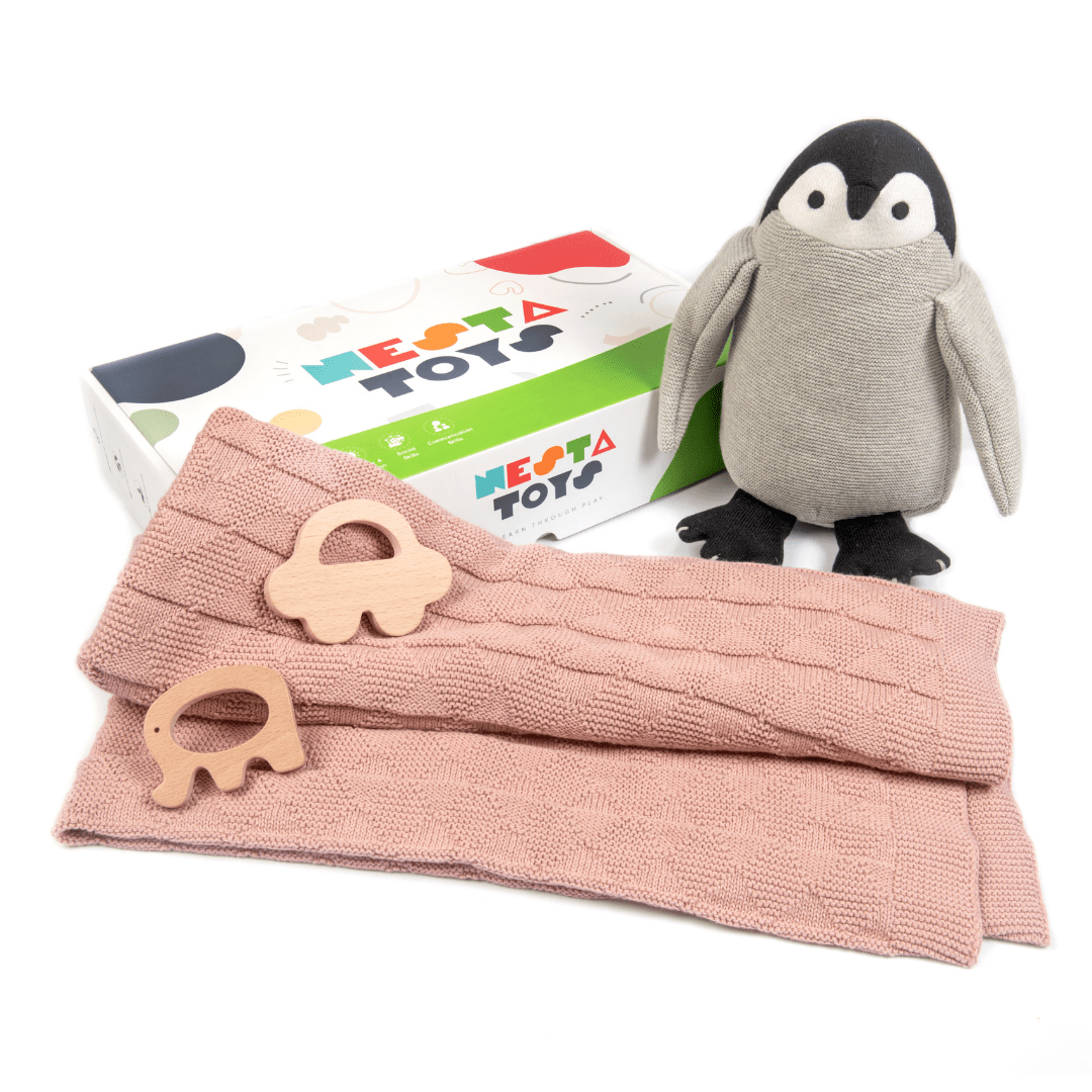 Newborn Gift Set – Swaddle, Penguin Plush Toy & Wooden Teethers