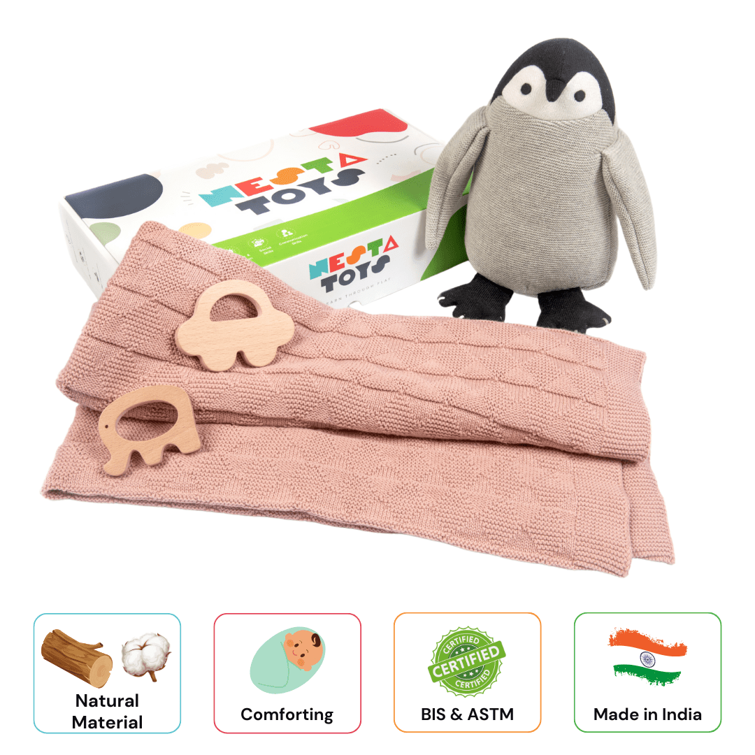 Newborn Gift Set – Swaddle, Penguin Plush Toy & Wooden Teethers