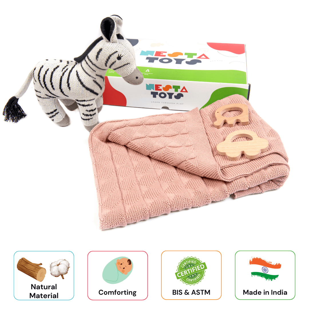 Newborn Gift Set – Swaddle, Zebra Plush Toy & Wooden Teethers
