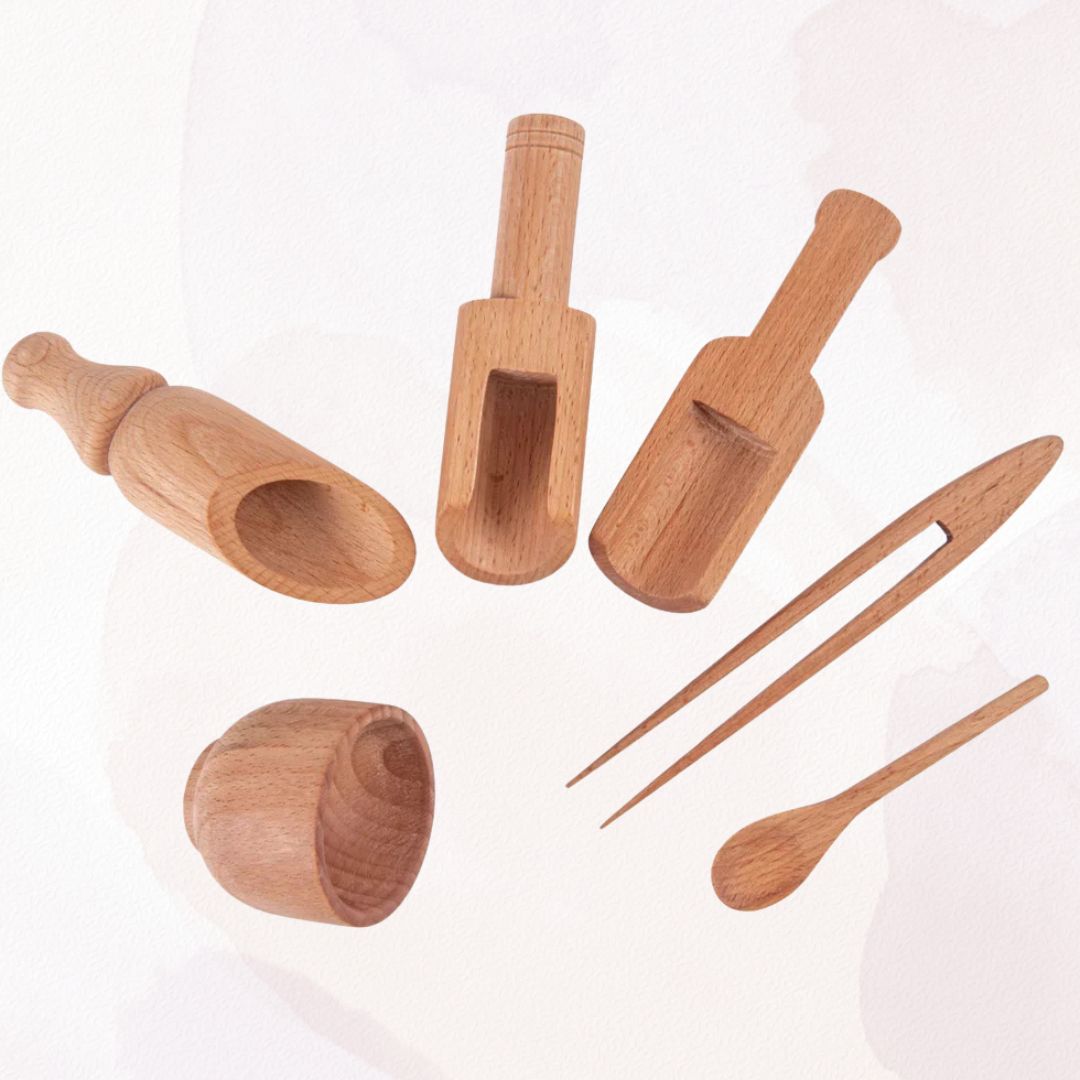 Wooden Sensory Bin Tools for Kids (6 Pcs) - Free Gift