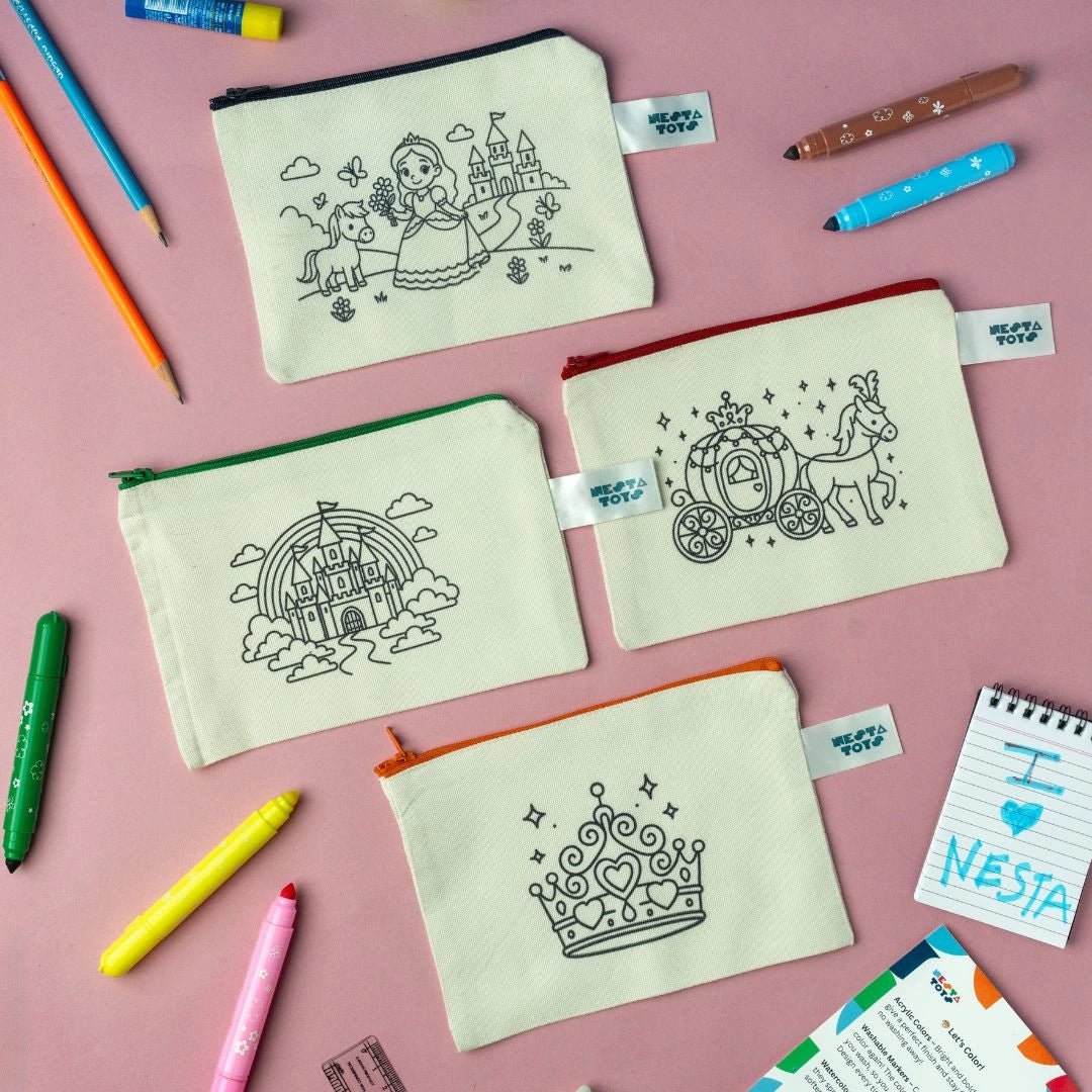 DIY Coloring Cotton Pouch for Kids (Set of 4) – Princess Theme