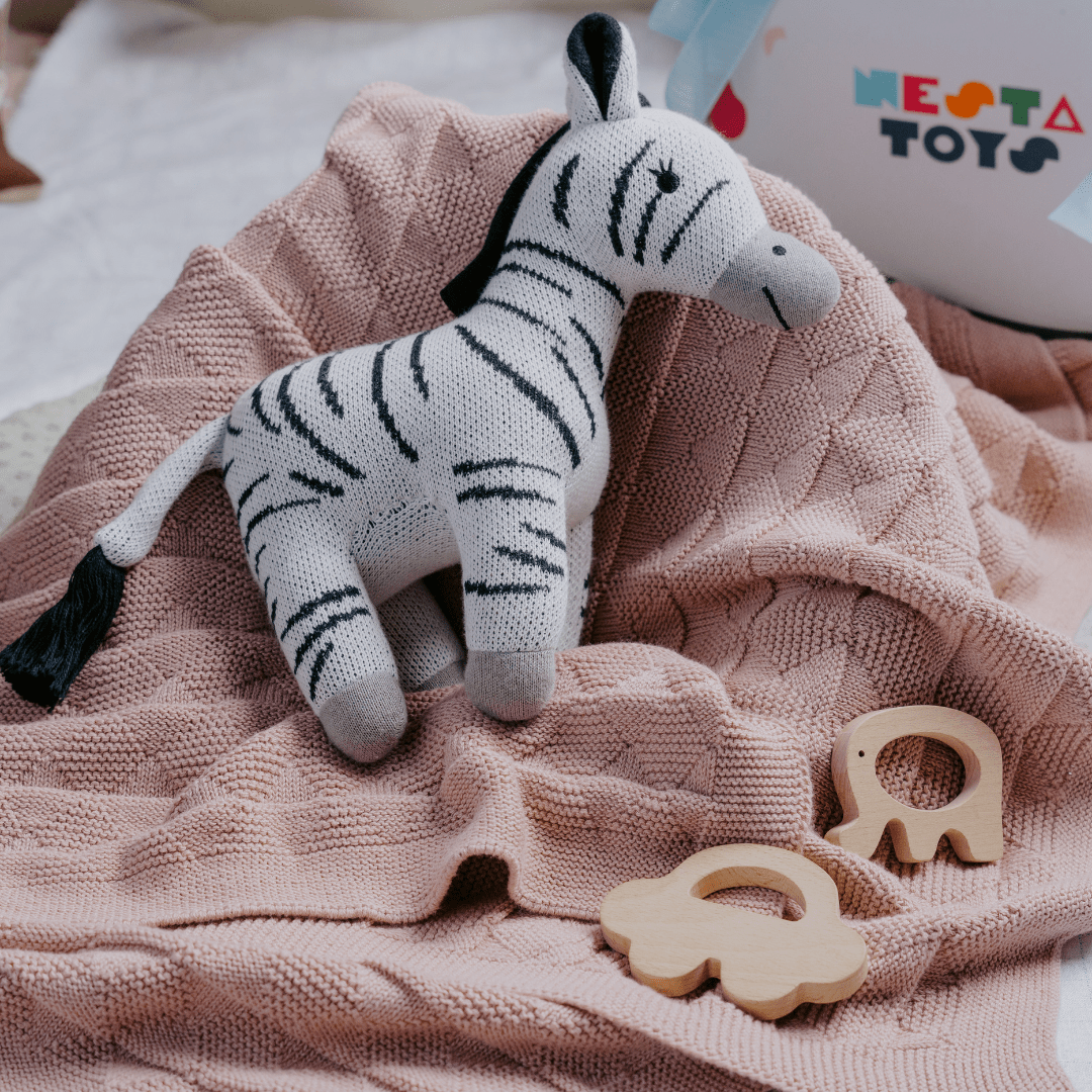 Newborn Gift Set – Swaddle, Zebra Plush Toy & Wooden Teethers