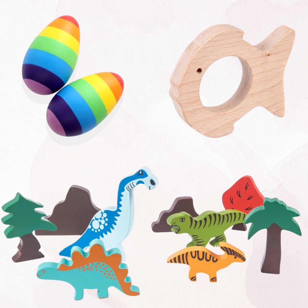 Wooden Dinosaur Blocks, Egg Shaker Rattle & Teether (6+ Months)