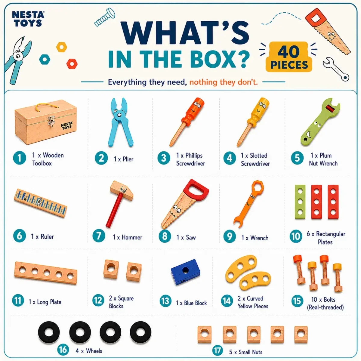 Wooden Tool Kit Toy with Tool Box (40 Pcs)