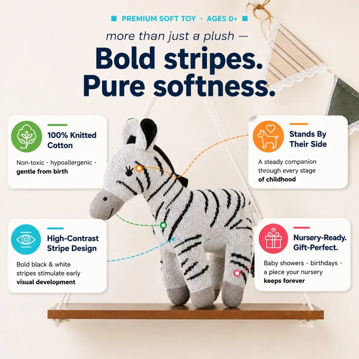 Zippy the Zebra - Knitted Cotton Animal Plush Toy for Kids