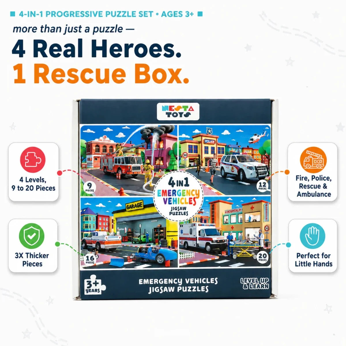 4 in 1 Jigsaw Puzzle - Emergency Vehicles (9 Pcs - 20 Pcs)