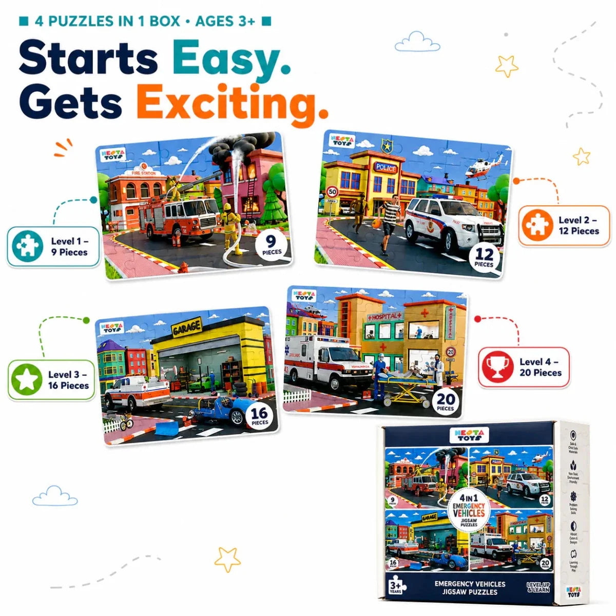 4 in 1 Jigsaw Puzzle - Emergency Vehicles (9 Pcs - 20 Pcs)