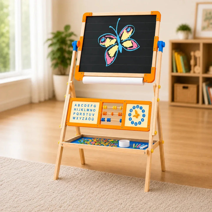 6-in-1 Wooden Tabletop Easel for Kids | Magnetic Whiteboard, Chalkboard, Paper Roll, Abacus & Learning Clock