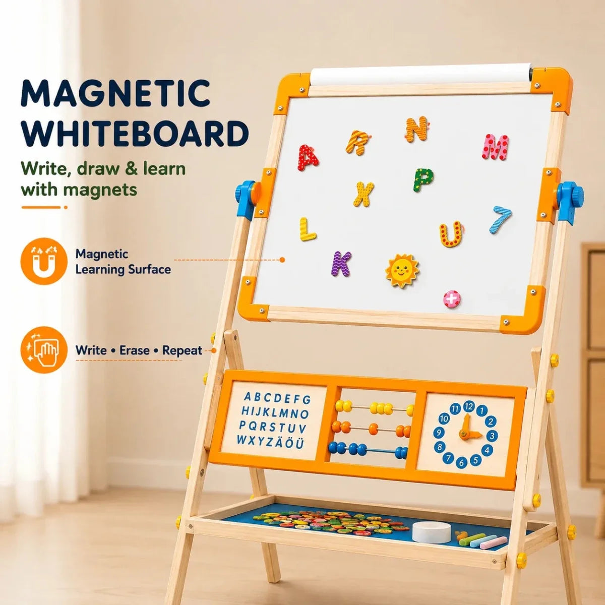 6-in-1 Wooden Tabletop Easel for Kids | Magnetic Whiteboard, Chalkboard, Paper Roll, Abacus & Learning Clock