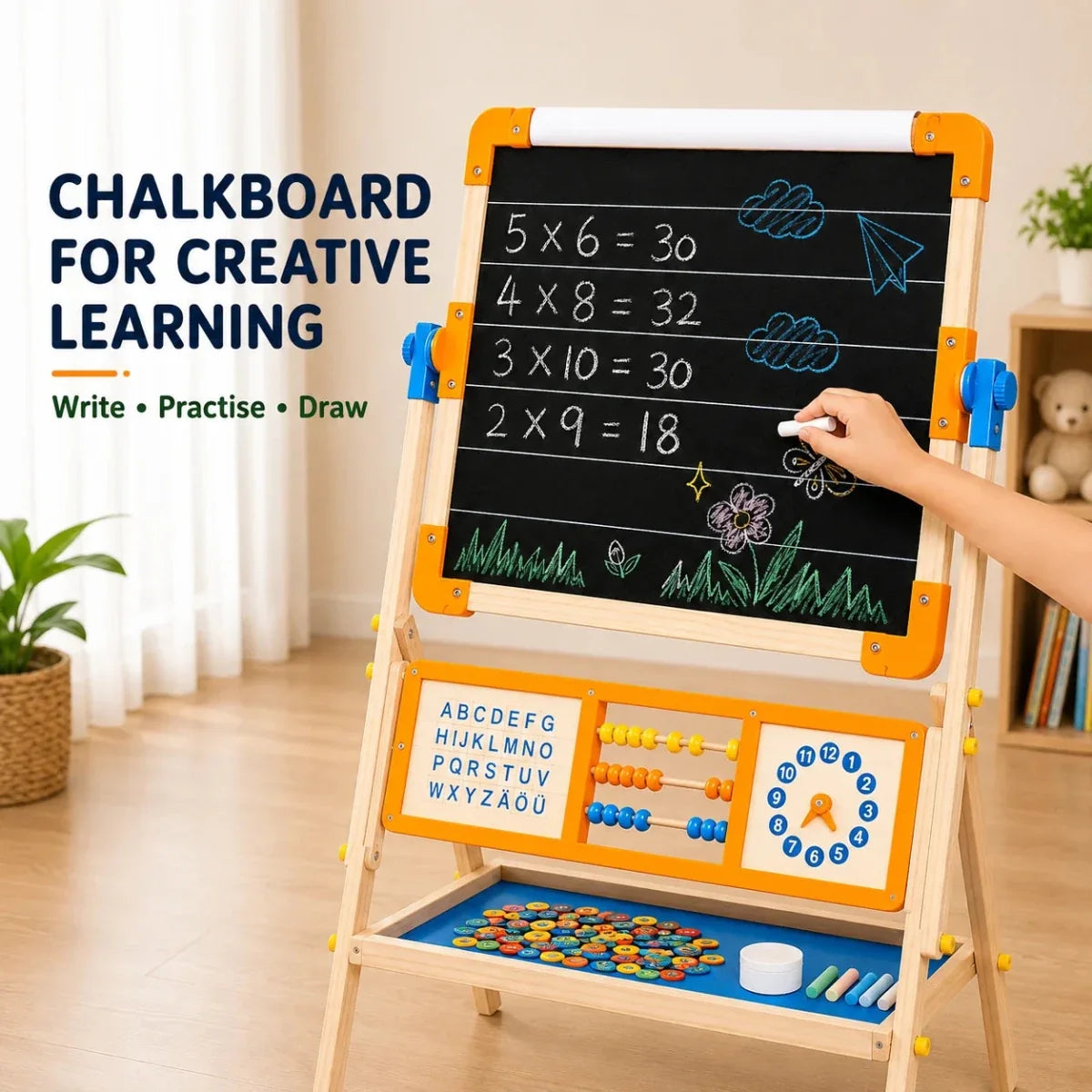 6-in-1 Wooden Tabletop Easel for Kids | Magnetic Whiteboard, Chalkboard, Paper Roll, Abacus & Learning Clock