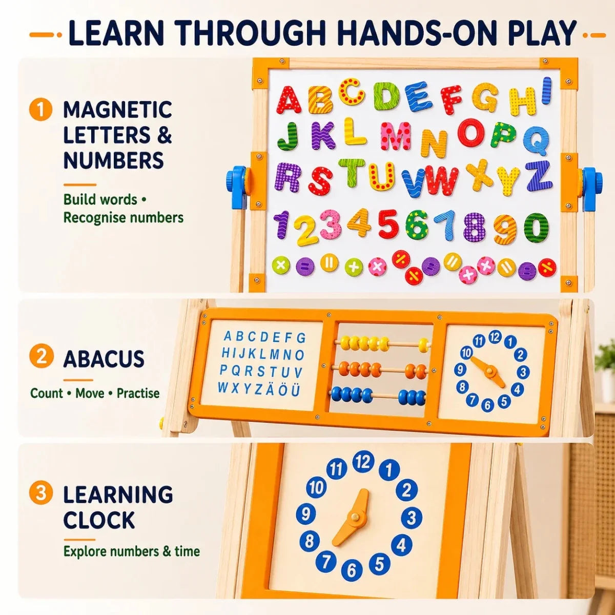 6-in-1 Wooden Tabletop Easel for Kids | Magnetic Whiteboard, Chalkboard, Paper Roll, Abacus & Learning Clock
