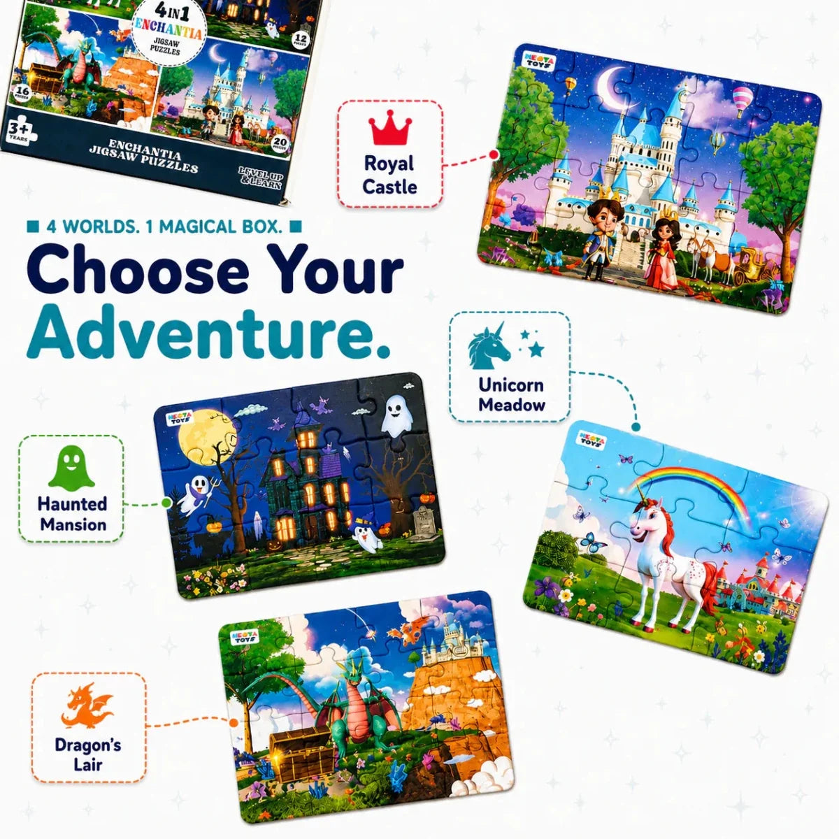 Enchantia - 4 in 1 Level Up & Learn Jigsaw Puzzle (9 Pcs - 20 Pcs) - Free Gift