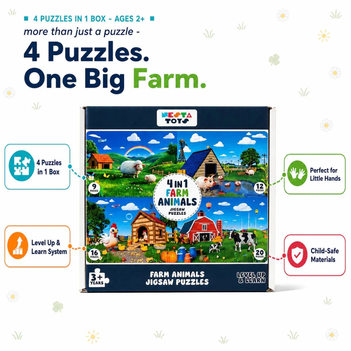 Farm Animals - 4 in 1 Level Up & Learn Jigsaw Puzzle (9 Pcs - 20 Pcs)