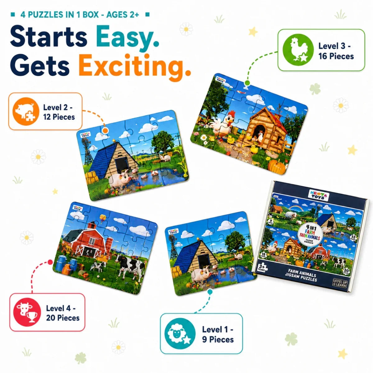 Farm Animals - 4 in 1 Level Up & Learn Jigsaw Puzzle (9 Pcs - 20 Pcs)