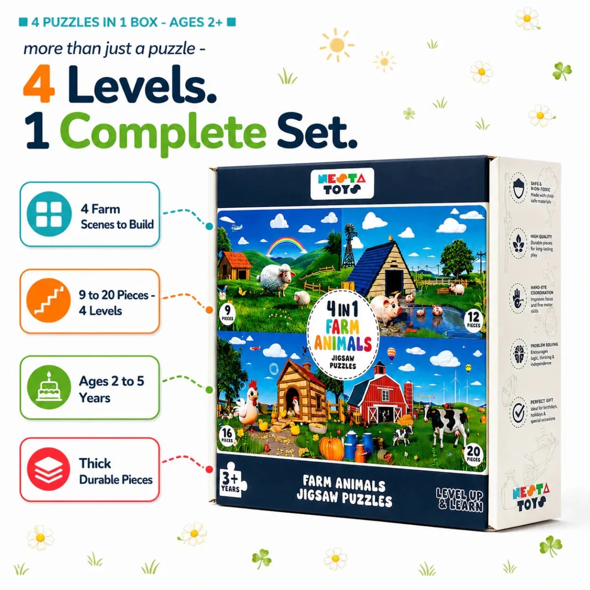 Farm Animals - 4 in 1 Level Up & Learn Jigsaw Puzzle (9 Pcs - 20 Pcs)