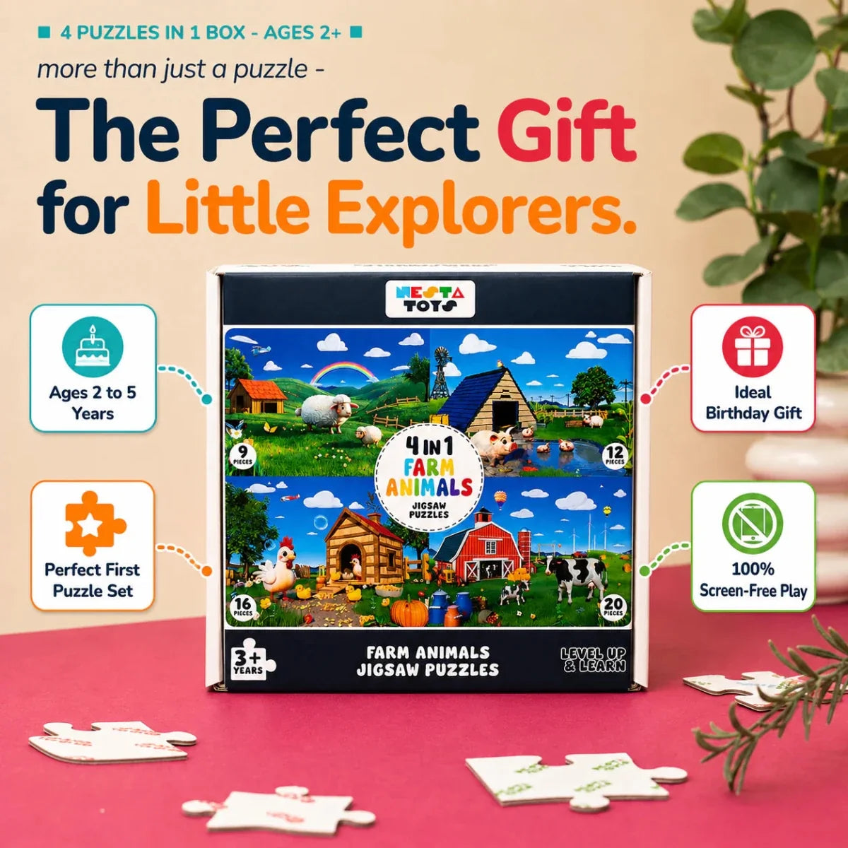 Farm Animals - 4 in 1 Level Up & Learn Jigsaw Puzzle (9 Pcs - 20 Pcs)