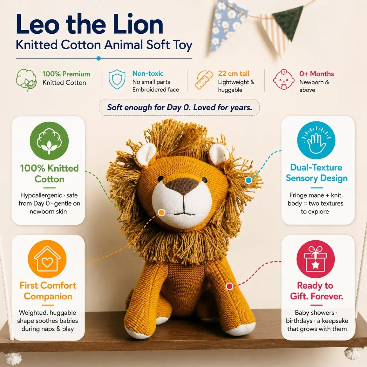 Leo the Lion | Knitted Cotton Animal Plush Toy for Kids