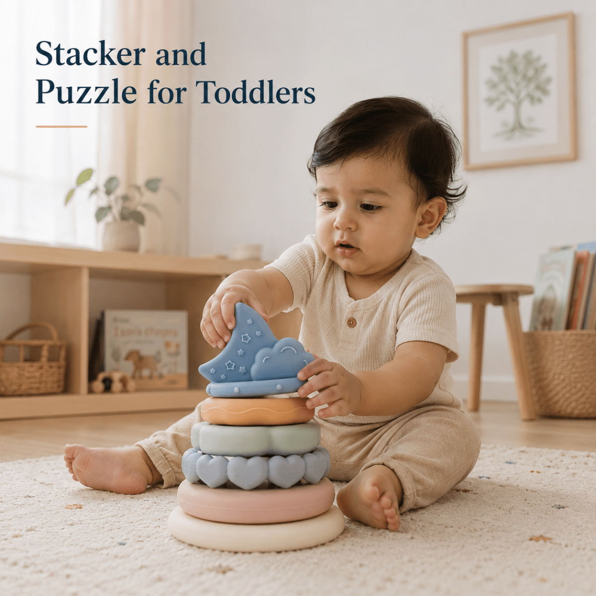 Silicone Baby Stacking Rings with Moon & Cloud | BPA-Free Montessori Teething Toy for Babies 6+ Months