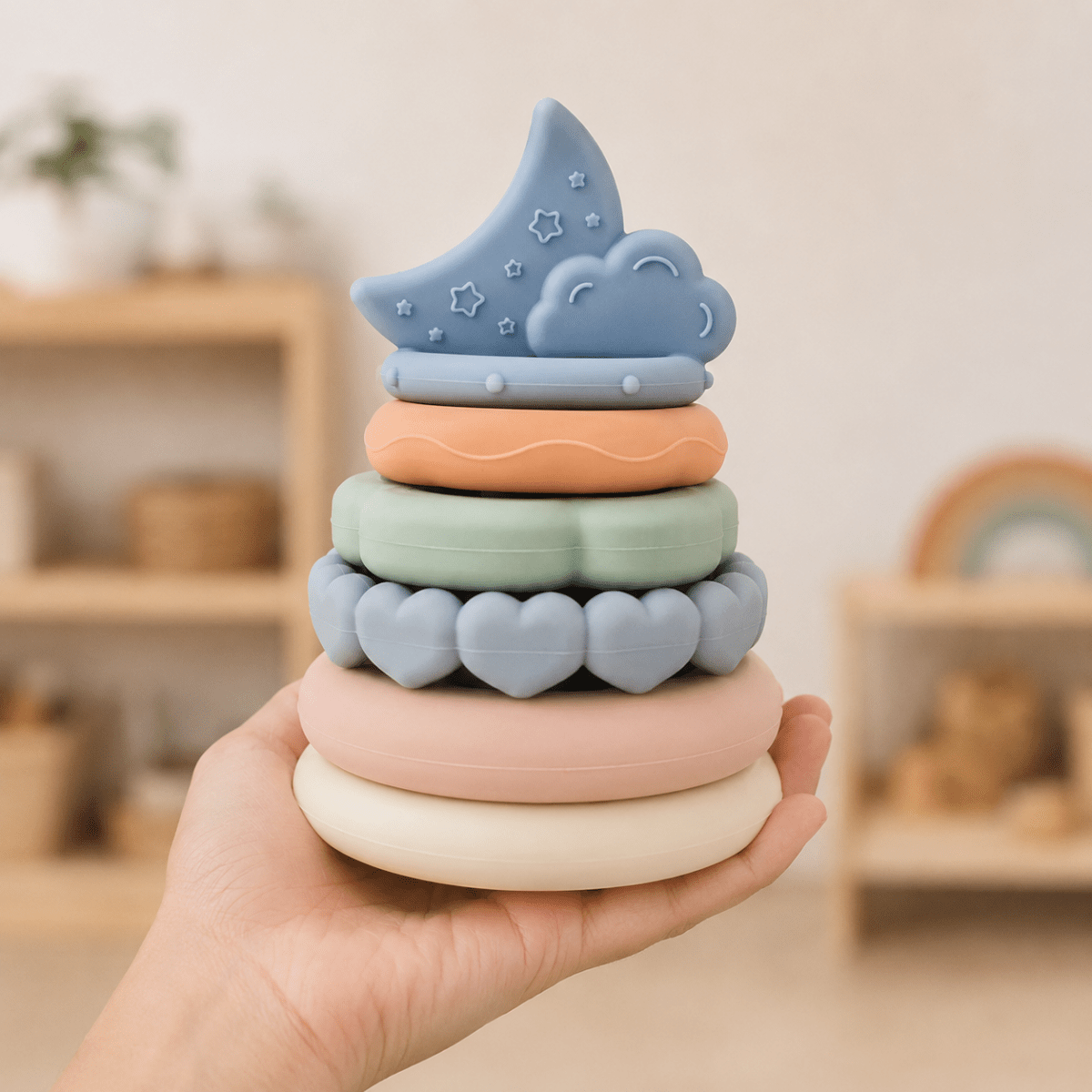 Silicone Baby Stacking Rings with Moon & Cloud | BPA-Free Montessori Teething Toy for Babies 6+ Months