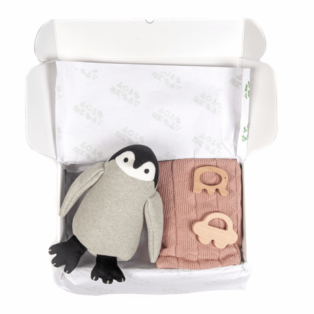 Newborn Gift Set – Swaddle, Penguin Plush Toy & Wooden Teethers