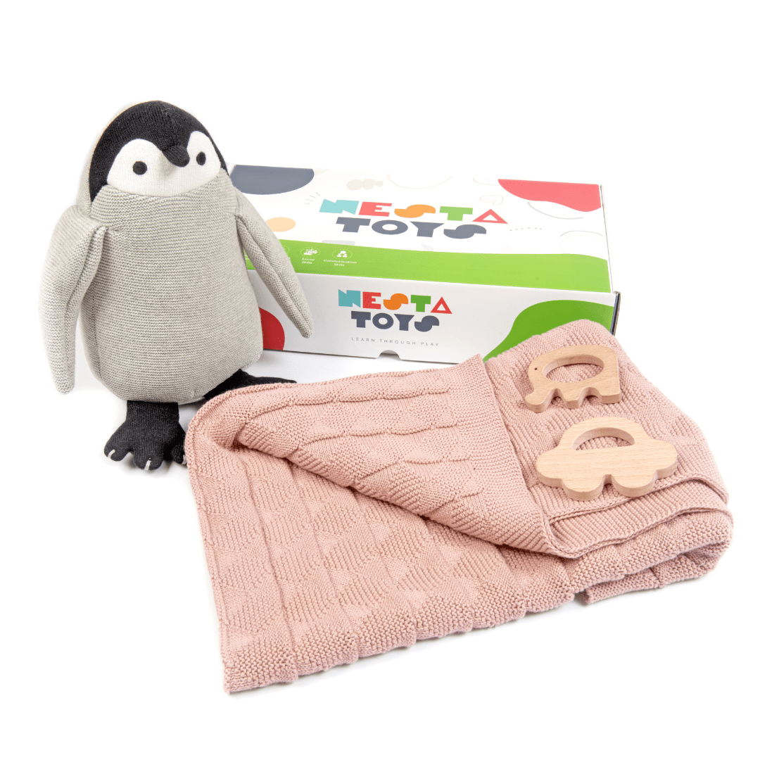 Newborn Gift Set – Swaddle, Penguin Plush Toy & Wooden Teethers