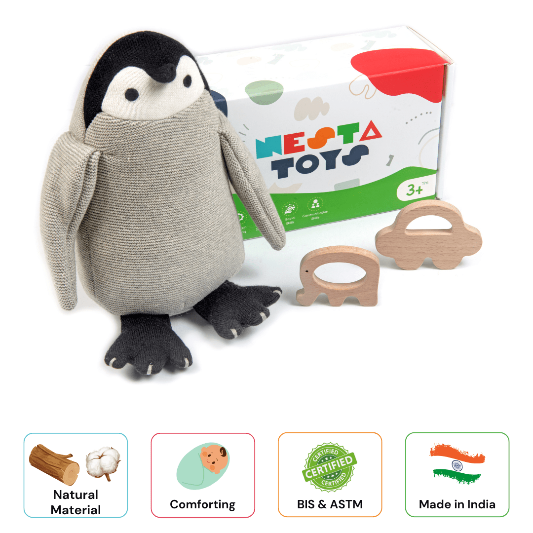 Newborn Gift Set - Penguin Plush Toy &  Wooden Teethers