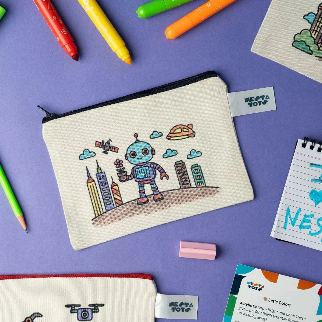 DIY Coloring Cotton Pouch for Kids (Set of 4) – Robots and Future Tech