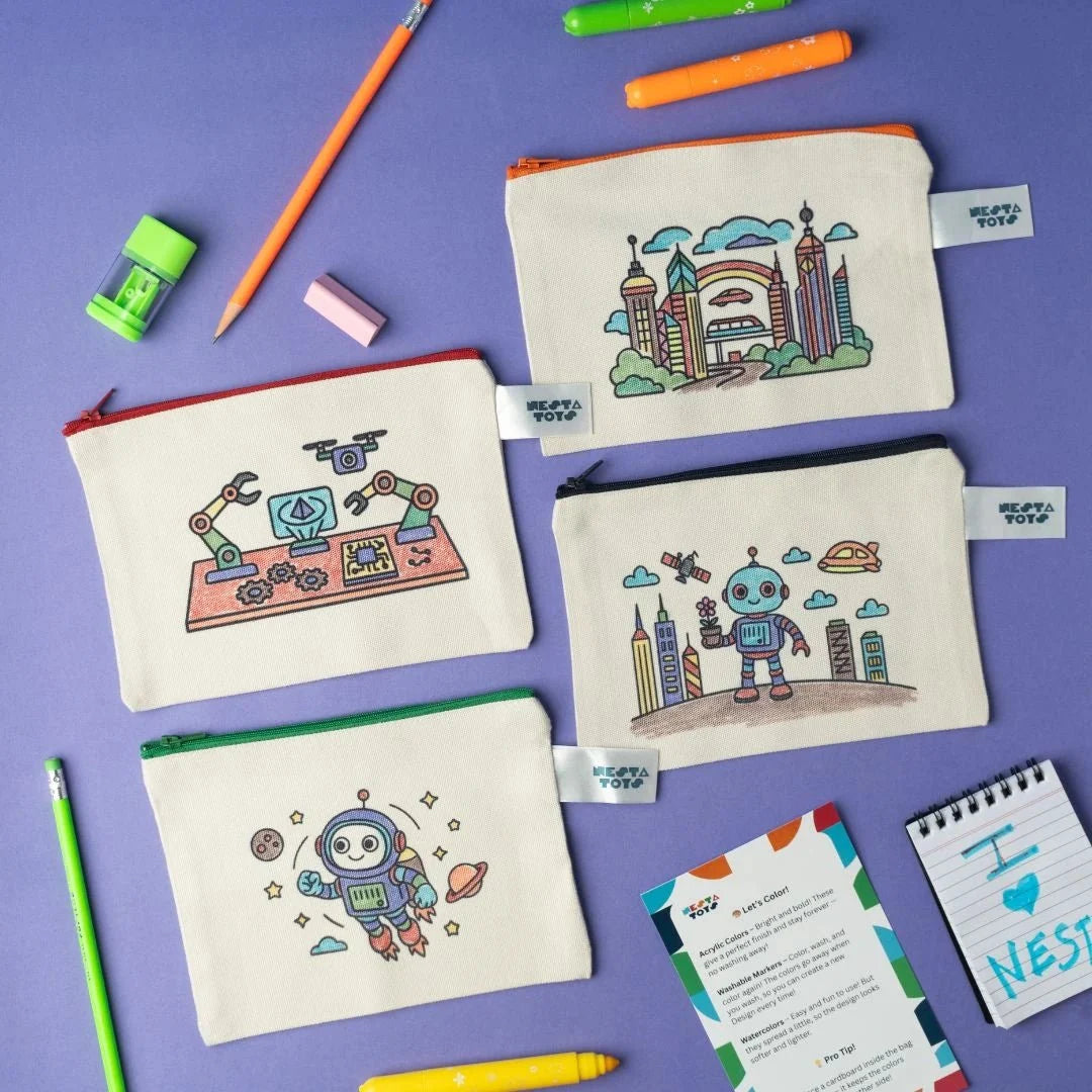 DIY Coloring Cotton Pouch for Kids (Set of 4) – Robots and Future Tech