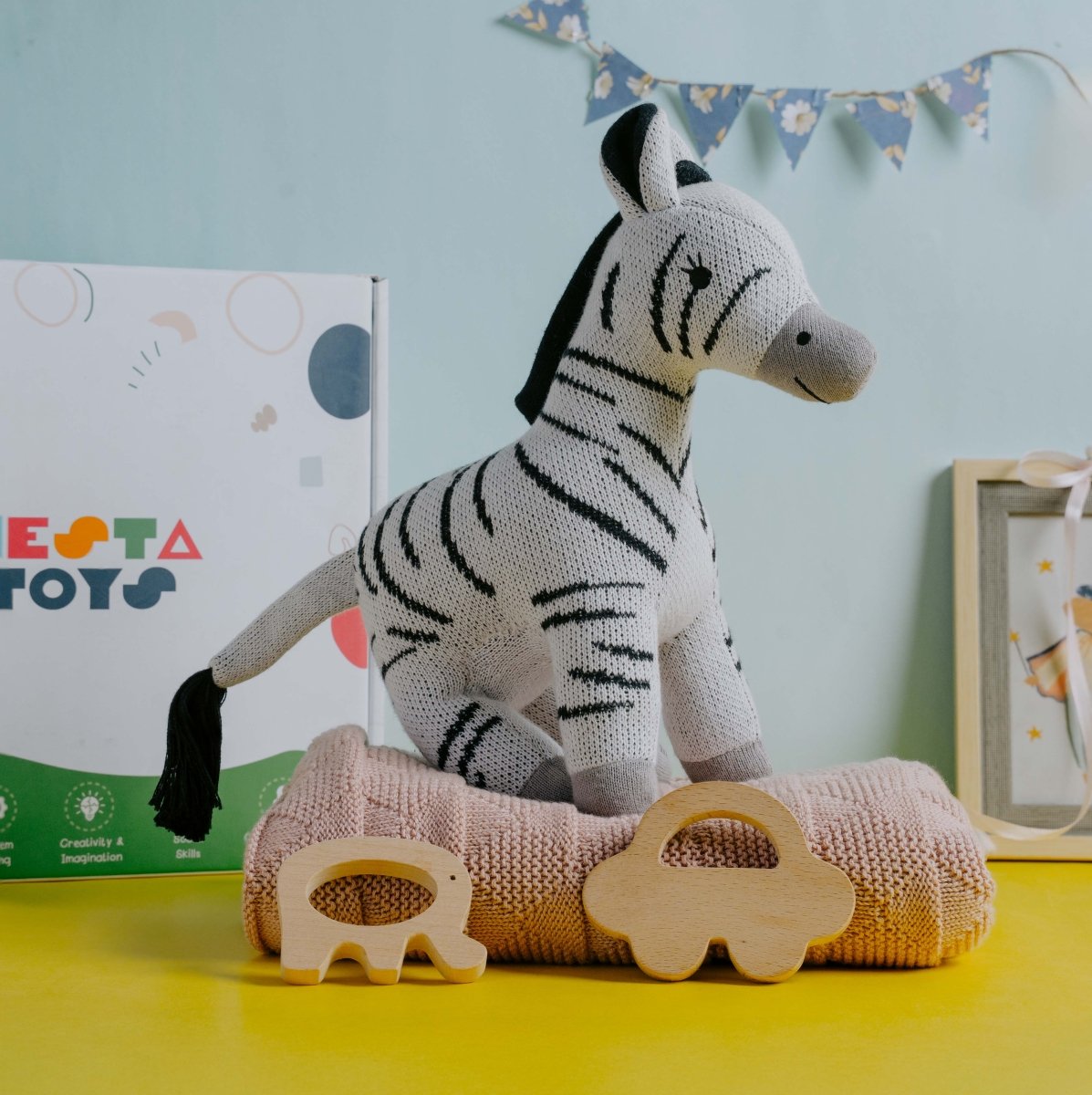 Newborn Gift Set – Swaddle, Zebra Plush Toy & Wooden Teethers