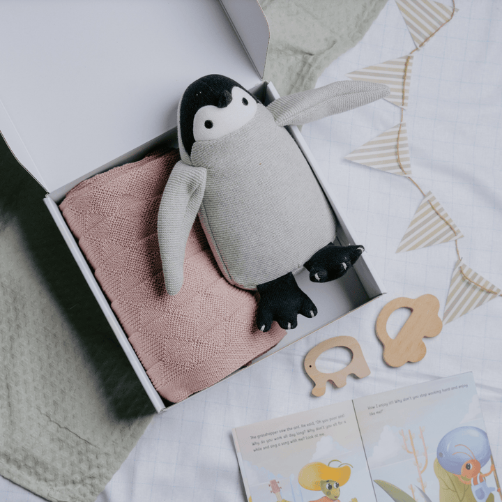Newborn Gift Set – Swaddle, Penguin Plush Toy & Wooden Teethers