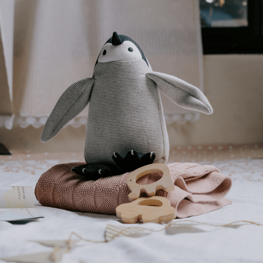 Newborn Gift Set – Swaddle, Penguin Plush Toy & Wooden Teethers