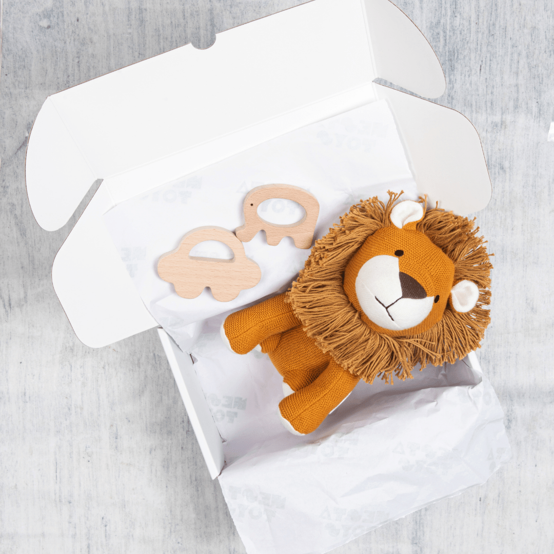 Newborn Gift Set - Lion Plush Toy, Wooden Elephant & Car Teether
